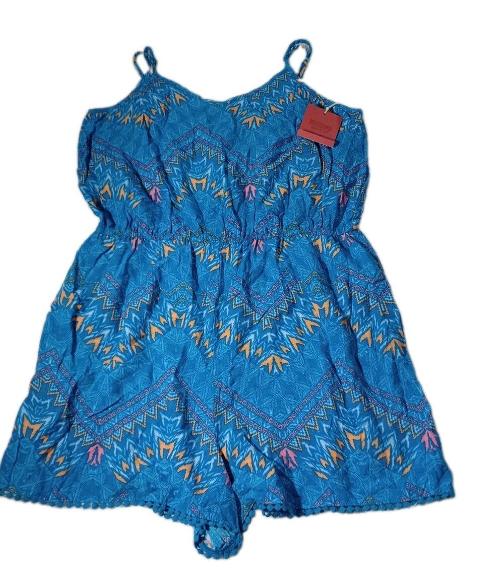 Mossimo Supply Co Romper Womens XL NWT Blue Geometric Tribal Boho Crochet Trim